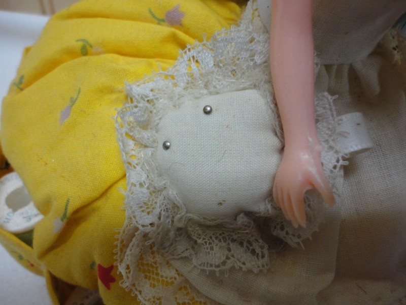 Vintage Fabric Girl Thread Holder, Pin Cushion, & Tape Measure