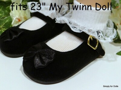 BLACK Velvet w/ Satin Bow MARY JANES DOLL SHOES fits 23'' MY TWINN DOLL CLOTHES