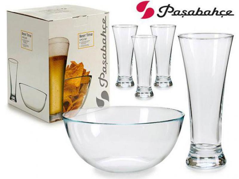 Servizio Set 5 Pezzi Ciotola Vetro 22cm + 4 Bicchieri Birra Pub Idea