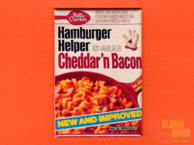 Vintage Hamburger Helper Cheddar 'n Bacon box art 2x3'' fridge/locker magnet BC