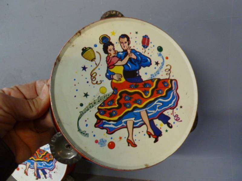 ( 2 ) VINTAGE TIN LITHO Tamborines US METAL TOY MFG CO. Pressed Tin Toys
