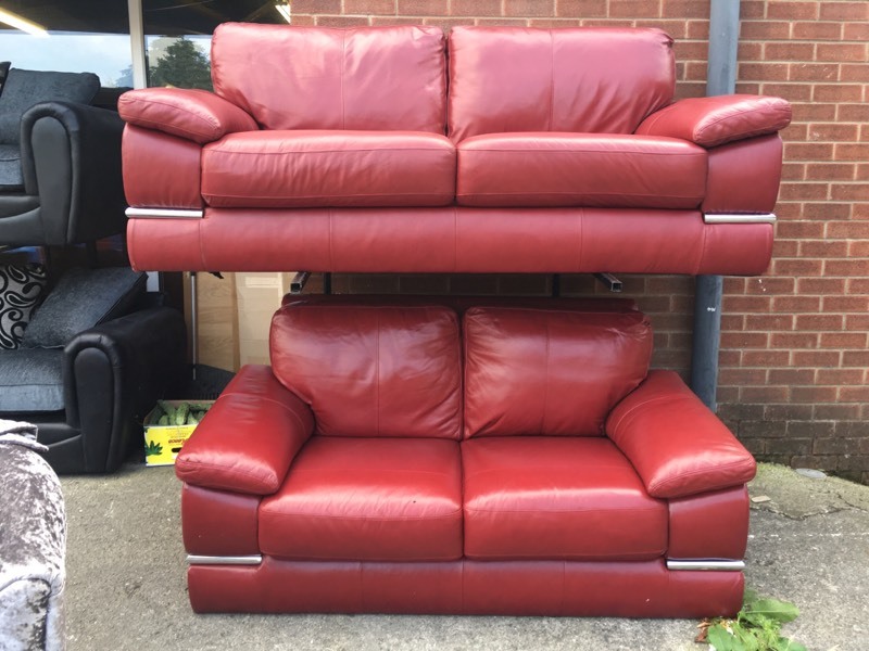 Ex Littlewoods designer primo red Italian leather 3 and 2 seater sofa