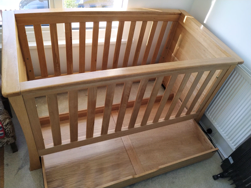 Mama and papa ocean solid oak cot bed and mattress, large wood frame