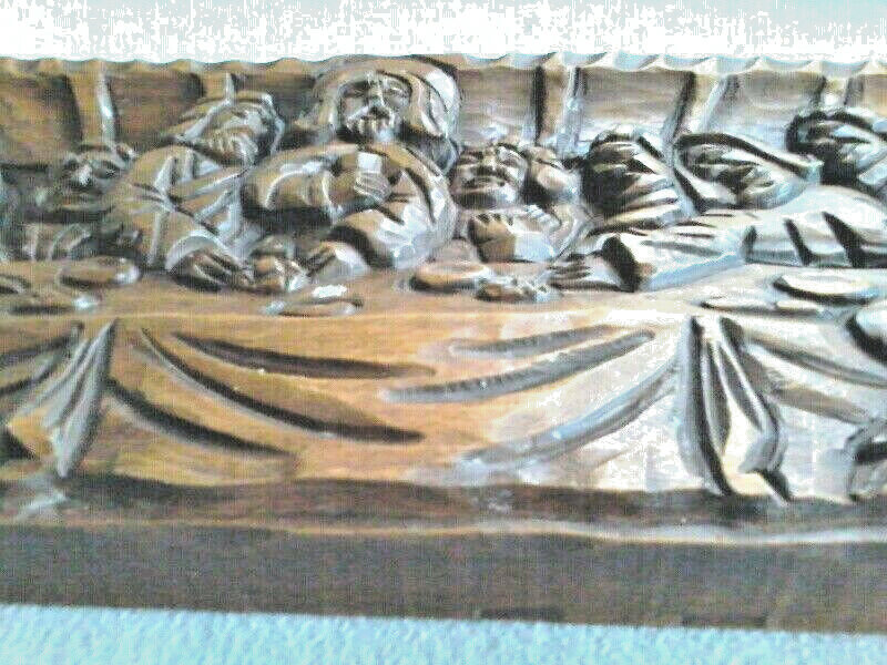 LARGE VINTAGE CARVED WOOD LAST SUPPER PRIESTS ALTAR CHURCH WALL PLAQUE