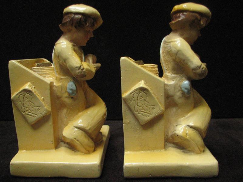 Antique-1920s to 30s---NEWSPAPER BOYS & HOUND DOG BOOKENDS----chalk ware vintage