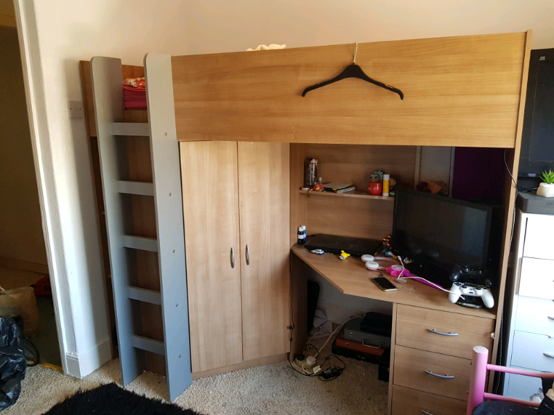 High Sleeper Cabin Bed With Wardrobe Desk Drawers In