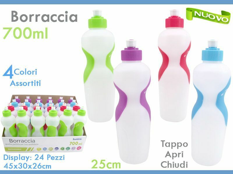 Set 24 Pezzi Bottiglie Borraccia In Plastica Colorata 700ml Sport Scuola dfh