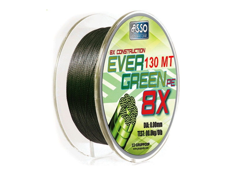 FILO ASSO TRECCIATO EVER GREEN 8X PE DIAM 0,18 MM 130 MT TEST 30,4 LB DARK GREEN