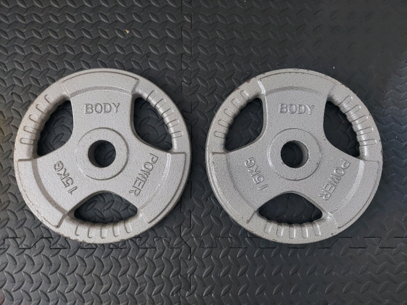 2x 15kg body power olympic 2 inch tri grip weight plates *IMMACULATE