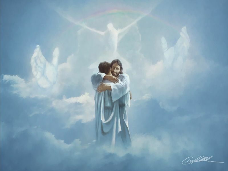 Danny Hahlbohm REUNION 8x10 print Jesus embraces man in heaven * Welcome Home *