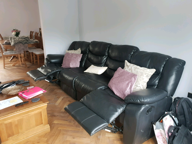Black leather 4 person double recliner sofa