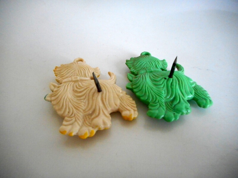 Vintage 1940's Celluloid Dogs Shih-tzu Curtain Push Back Pins *Rare* Green/ Wht