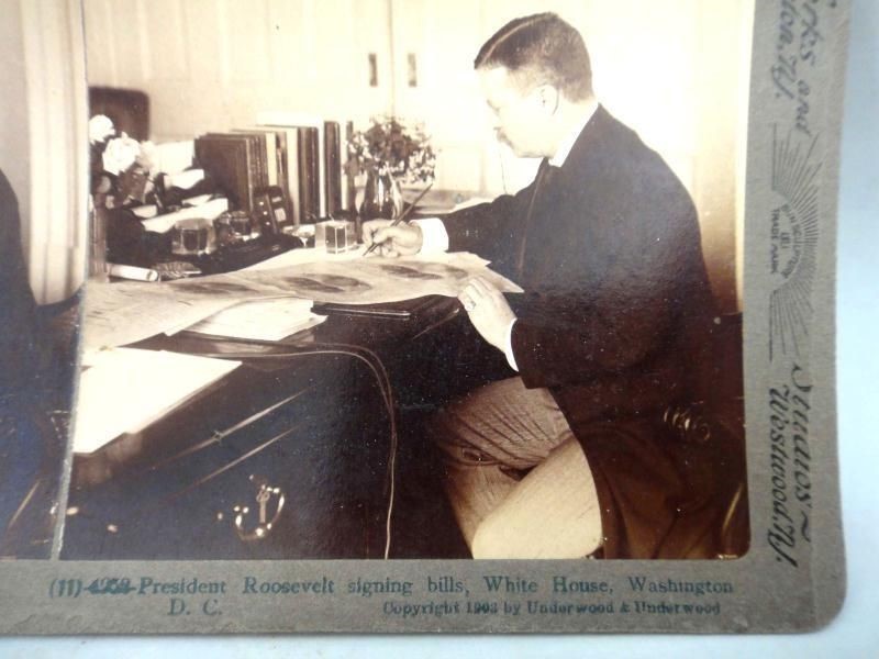 1903 antique PRESIDENT ROOSEVELT SIGNING BILLS STEREOVIEW PHOTO CARD white house