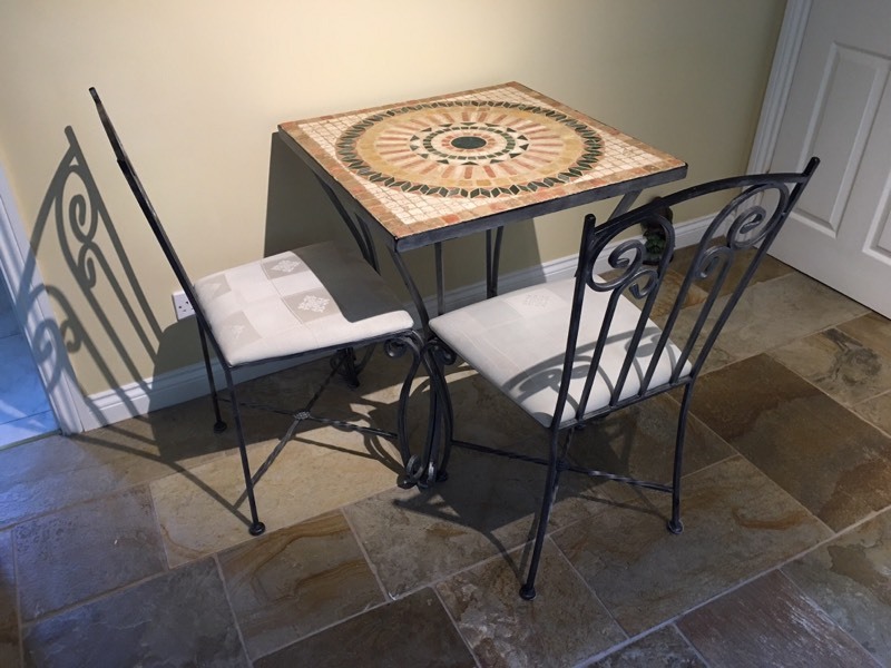 Kitchen or Conservatory 'Moroccan Mosaic' ironframed Bistro style table and 2 chairs in