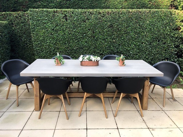 VELTIS 8 SEATER OUTDOOR DINING SETTING, INDUSTRIAL POLISHED CEMENT TAB