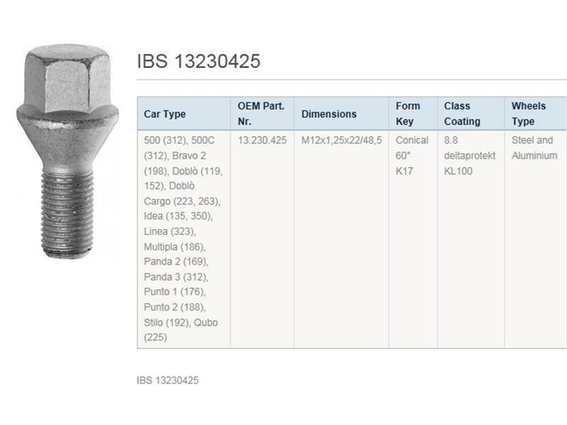 Radschraube Fiat M12x1,25 Länge 48,5mm Gewinde 22mm OE 13.230.425