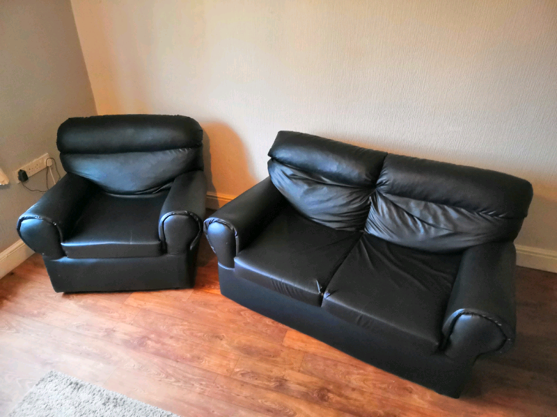 Faux black leather two seater sofa and chair in Liverpool, Merseyside