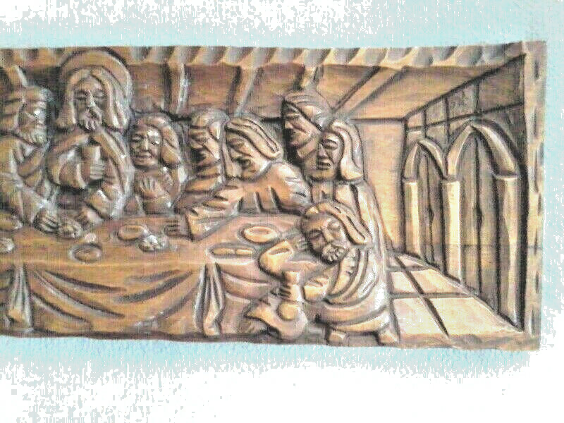 LARGE VINTAGE CARVED WOOD LAST SUPPER PRIESTS ALTAR CHURCH WALL PLAQUE