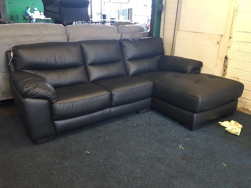 Small black leather corner sofa right hand side chaise end in Oldham