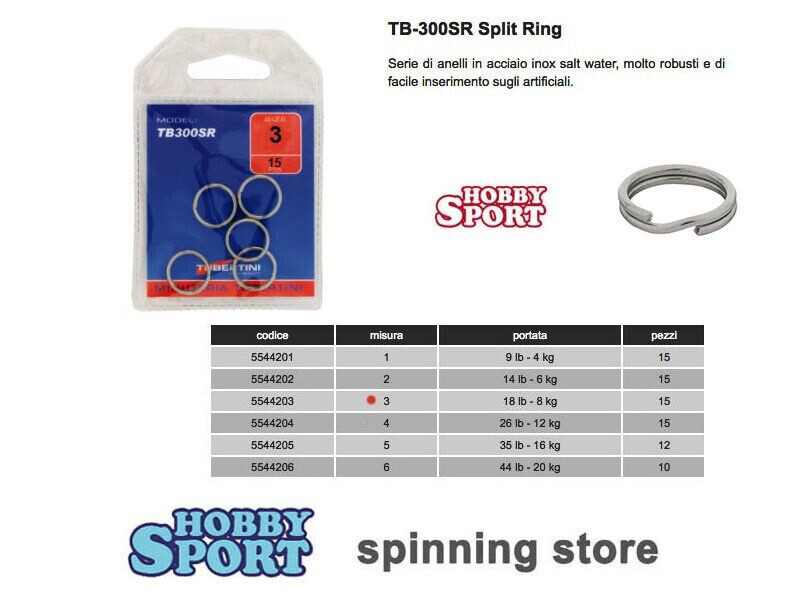 TB300SR SPLIT RING TUBERTIN SIZE 3 INOX TEST 8 KG SPINNING 18 LB BUSTA 15 PZ