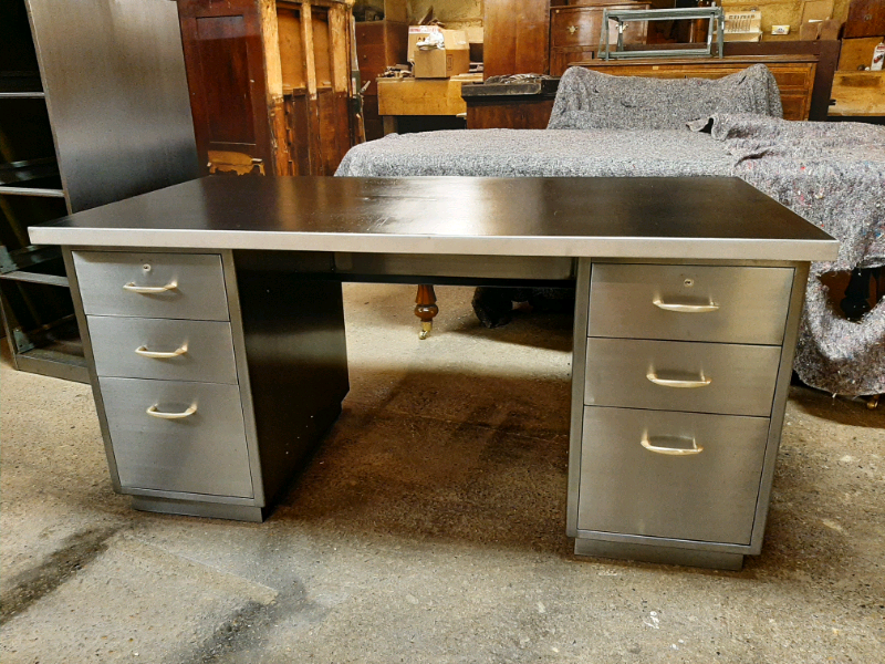 Lovely Vintage Industrial Steel Desk Stripped Polished Delivery Ava