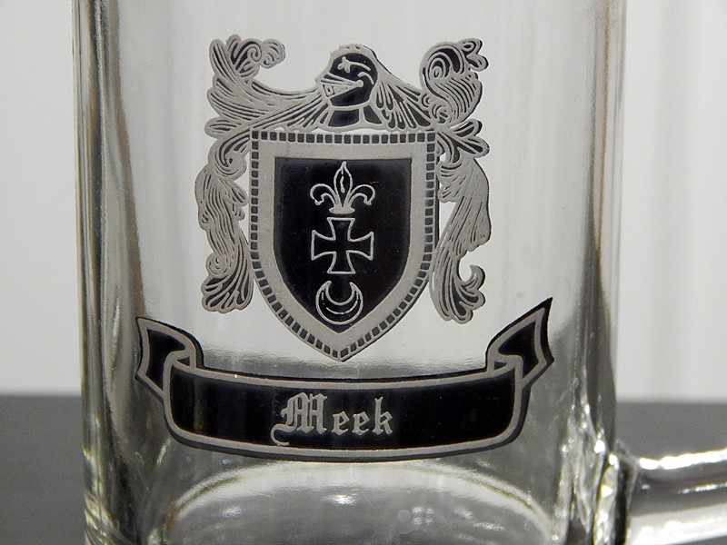 2 Last name MEEK Coat of Arms Vintage GLASS BEER STEIN MUGS family crest 6
