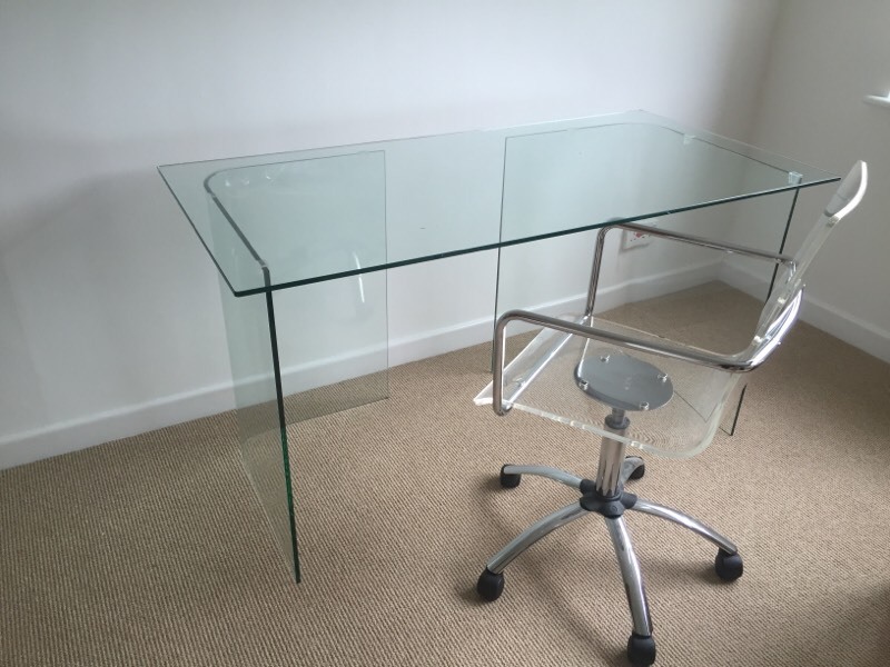 John Lewis Glass desk and clear Perspex pneumatic chair in Somerset