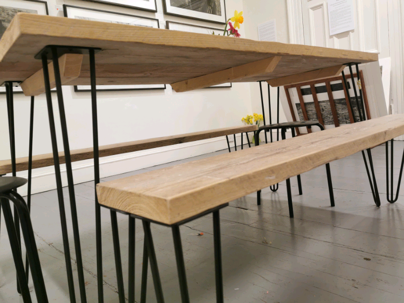 Industrial Rustic Scaffold Board Dining Table With Two Benches In