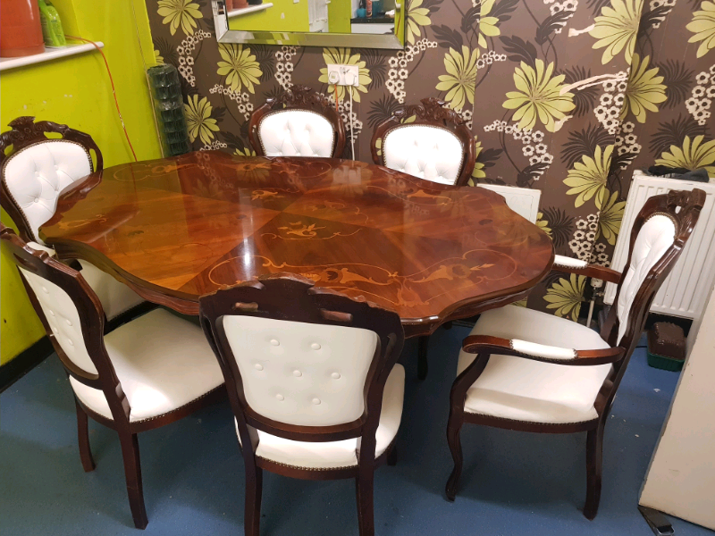 Italian Mahogany Dining Table And 6 Chairs white leather . in