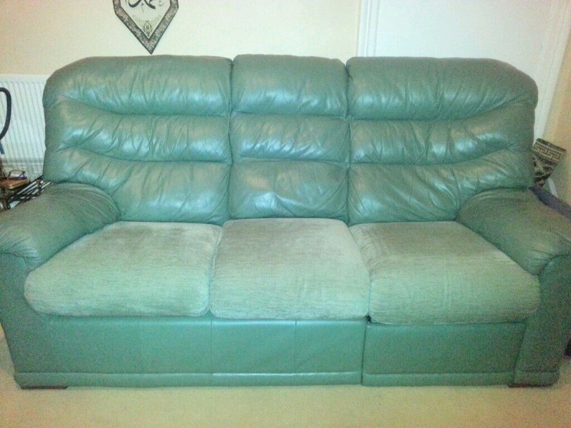 3 Seater Sofa Recliner Green Leather And Fabric in Canton, Cardiff