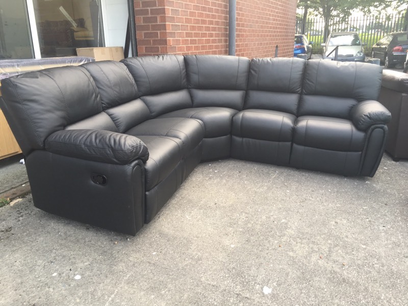 Littlewoods Leighton black real leather recliner corner sofa curved