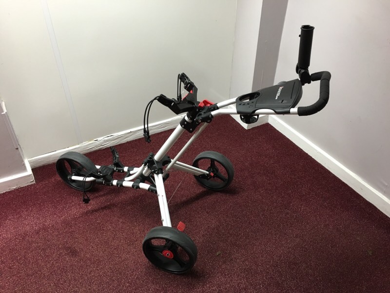 Barely used Masters Golf iCart Uno Trolley with umbrella holder in