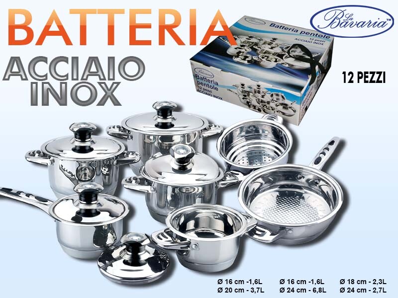Batteria Di Pentole Set 12 Pezzi In Acciaio Inox Padelle Con Coperchi Cucina