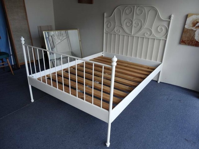 IKEA LEIRVIK DOUBLE BED FRAME WHITE METAL SKORVA MID BEAM ...