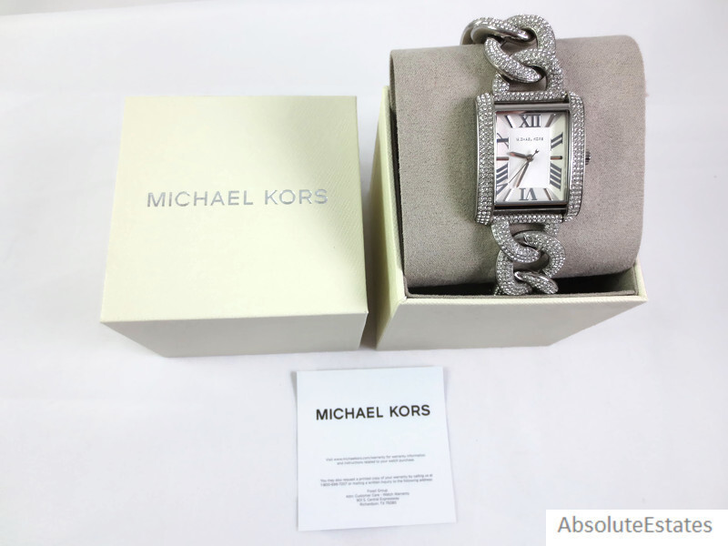 Pre-owned Michael Kors Emery Chain Pave Glitz Silver Bracelet Watch Mk7299