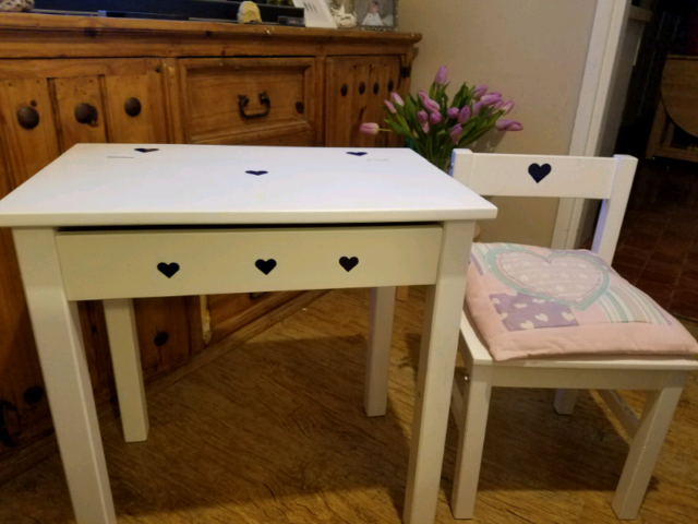 Childs White Wooden Desk And Chair With Cushion In Earley