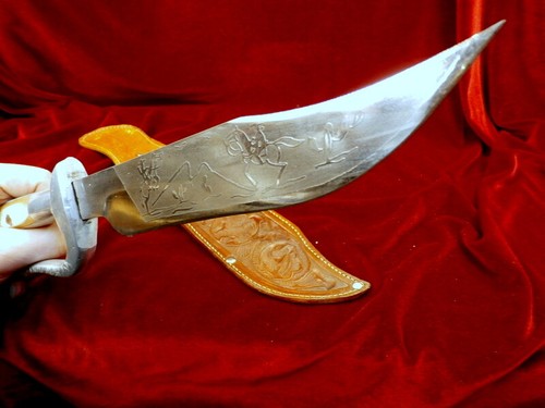 HUGE 1960s RARE D GUARD MEXICO BOWIE 12.75" SET VINTAGE JADE HUNTING KNIFE, CASE