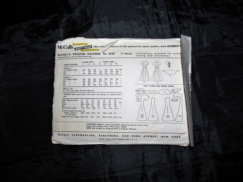 VTG MID CENTURY 50'S McCALLS LADIES DAY DRESS + CAP PATTERN  MS 12-18 JR 11-15
