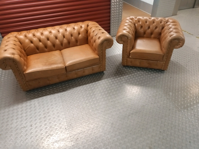 TAN LEATHER CHESTERFIELD SOFA SET LOCAL DELIVERY AVAILABLE TODAY in