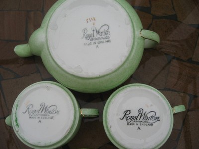 ROYAL WINTON STACKING TEA SET TEA POT/CUP/CREAMER mottled GREEN GRIMWADES