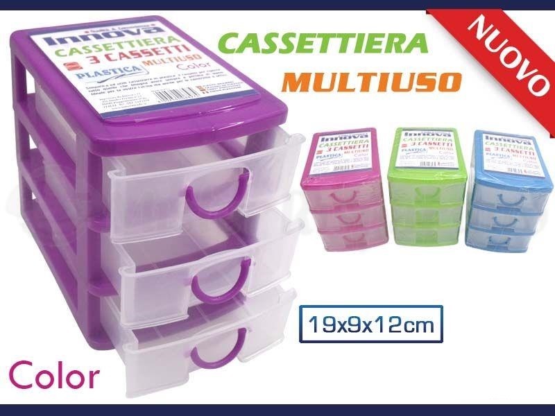 Mini Cassettiera 3 Cassetti Colorata Multiuso Plastica Minuteria Cotone sus