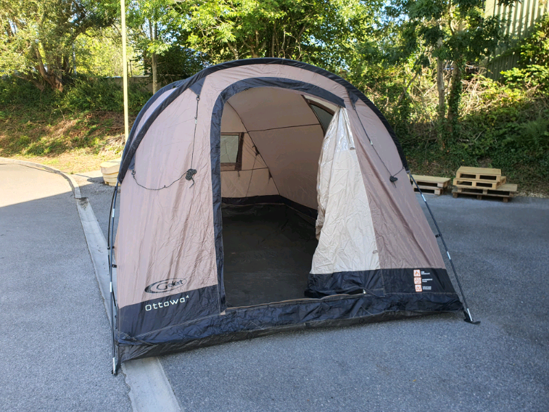 Gelert Ottawa 4 Tent with canopy and camping equipment in