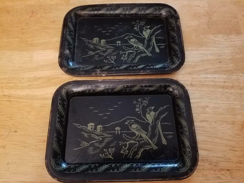 Vintage Ohio Art Tin Lithograph Child's Dishes- 2 Black Trays with Nature Scene