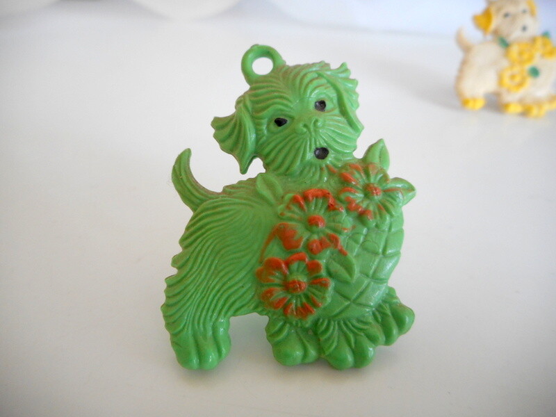 Vintage 1940's Celluloid Dogs Shih-tzu Curtain Push Back Pins *Rare* Green/ Wht