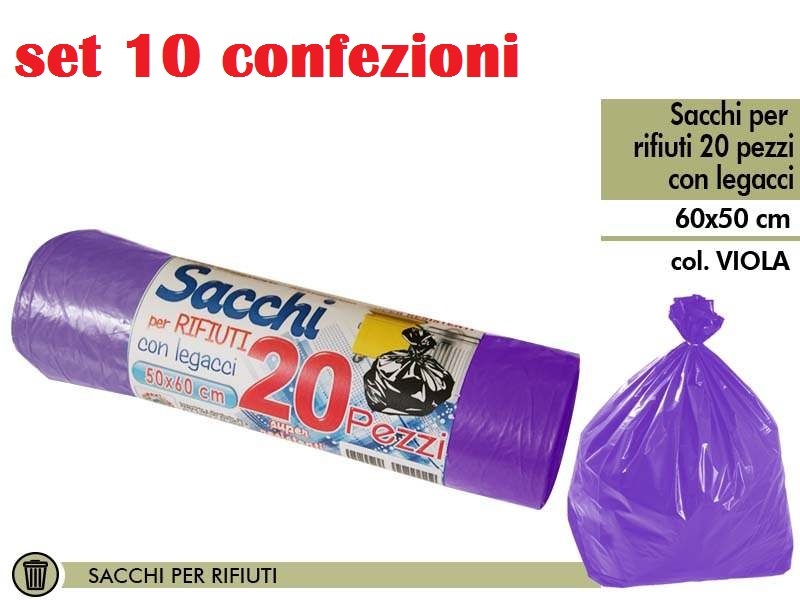 Set 10 Confezioni Di 20 Sacchi Rifiuti Spazzatura Con Legacci 50x60cm Viola moc