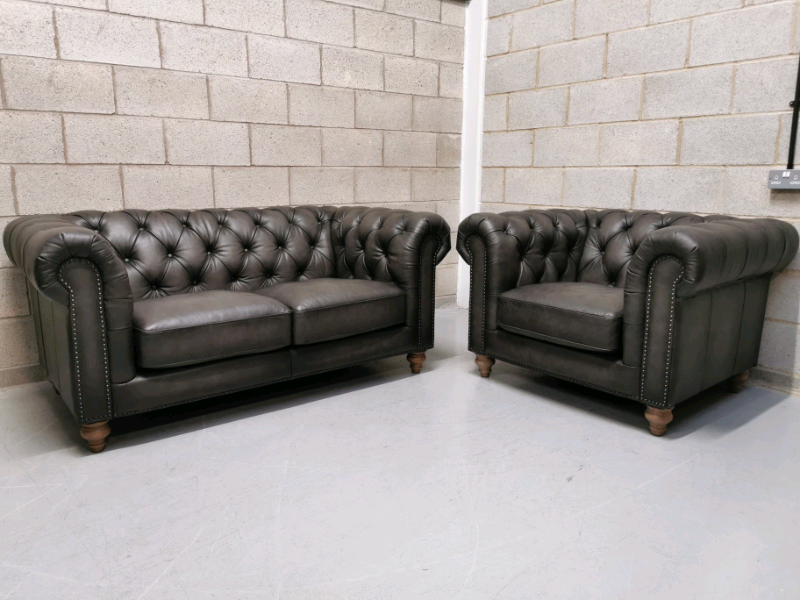 New Allington Flint Grey Leather 2 Seater Chesterfield Sofa & Armchair