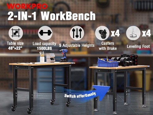 WORKPRO 48"X22" Adjustable Workbench with Leveling Foot & Wheels Rubber Wood Top