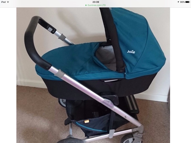 Joie chrome teal/jade travel system with isofix base, pram, carry cot