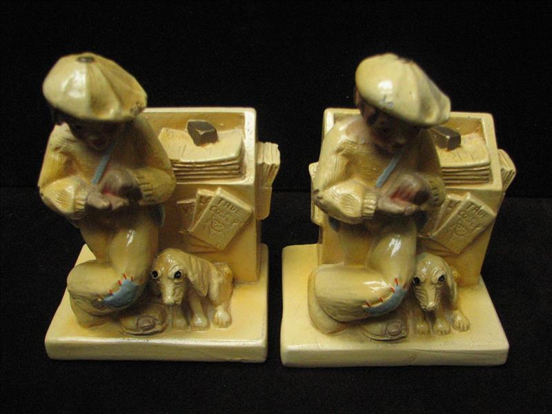 Antique-1920s to 30s---NEWSPAPER BOYS & HOUND DOG BOOKENDS----chalk ware vintage