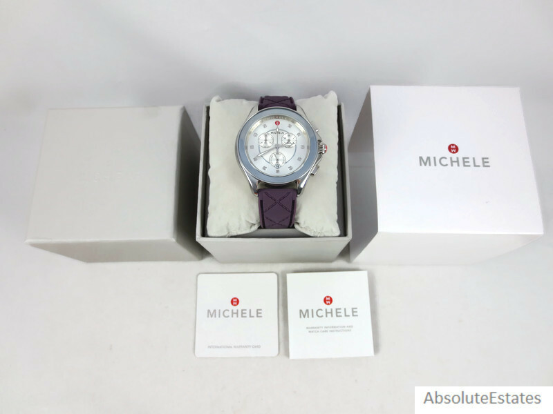 Pre-owned Michele Cape Violet Purple Silver Silicone Chronograph Watch Mww27e000027